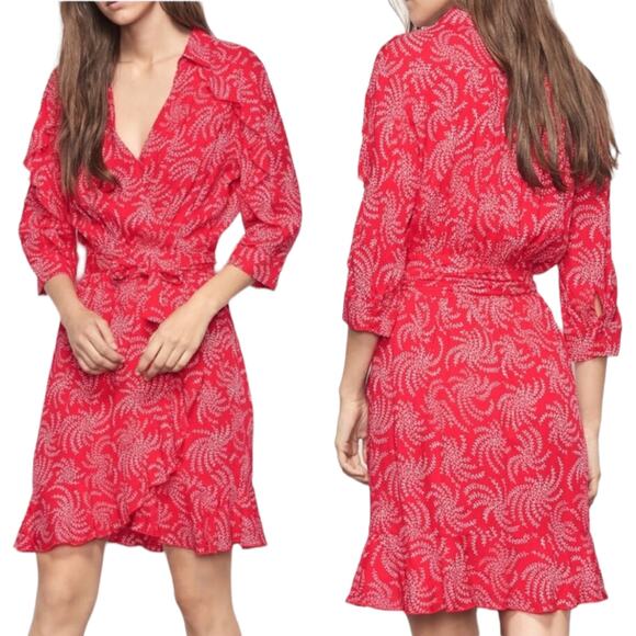 ba sh Dresses Bash Corazon Rose Red Floral Ruffle V Neck Mini Wrap Dress 34 Sleeve Size 6 Poshmark